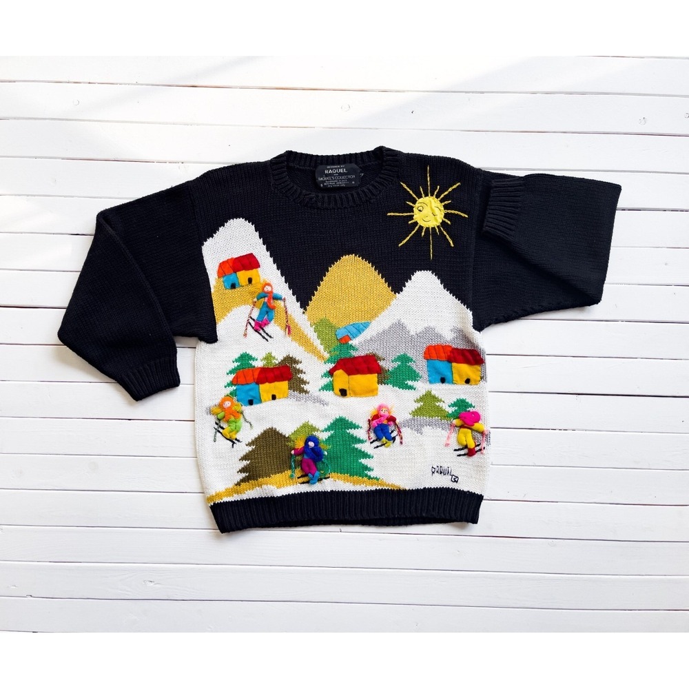 vtg Raquel's Collection Peru ski‎ skiing hand knit wool Christmas sweater